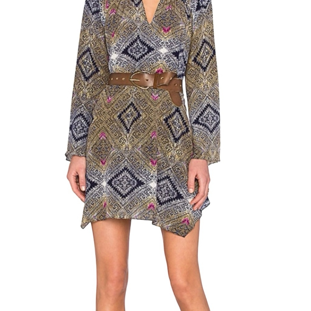 Silk Tunic Dress Aztec Print Henkerchief Hem Bell Sleeve Resort Wear Whimsygoth